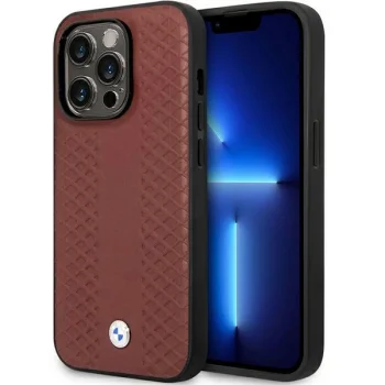 BMW Leather Diamond Pattern vāciņš iPhone 14 Pro Max, Bordo