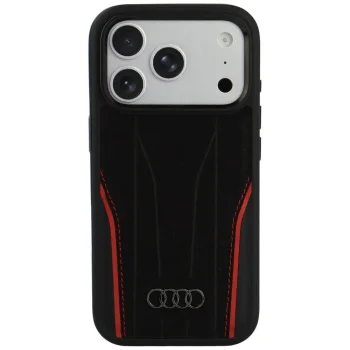 Audi R8 Genuine Leather MagSafe vāciņš priekš iPhone 18 Pro / 17 Pro, melns un sarkans