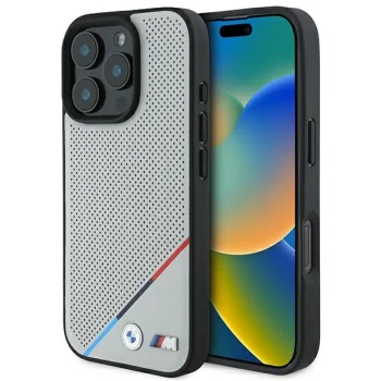 BMW M Perforated Tricolor Line MagSafe vāciņš iPhone 16 Pro, pelēks