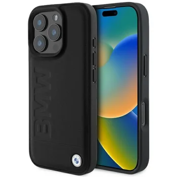 BMW Leather Hot Stamp MagSafe vāciņš iPhone 16 Pro Max, melns