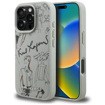 Karl Lagerfeld Grained Pattern & Logo MagSafe vāciņš iPhone 16 Pro, pelēks
