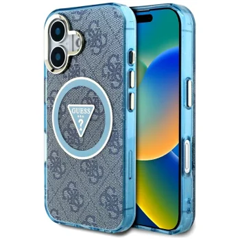Guess IML Metal Glitter 4G Circle Triangle MagSafe vāciņš Apple iPhone 16, Zils