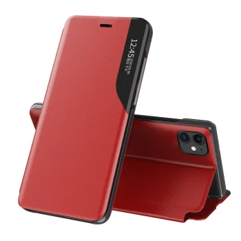 Atverams vāciņš iPhone 13 Pro Max Eco Leather View Case ar statīva funkciju, sarkans