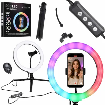 LED RGB gredzenveida lampa 10" ar statīvu, tālruņa turētāju un Bluetooth pulti