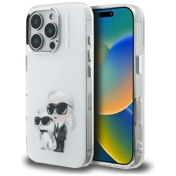 Karl Lagerfeld IML Aquarelle Karl & Choupette iPhone 16 Pro vāciņš, balts