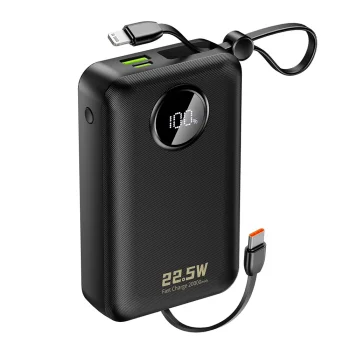 Dudao K14+ ārējais akumulators 20000mAh 22.5W ar USB-C/Lightning kabeļiem, melns