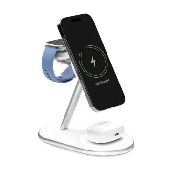 Puro Mag Station Qi2 trīs vienā bezvadu lādētājs ar MagSafe saderību, balts
