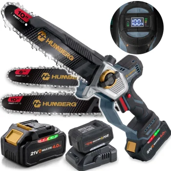 Akumulatora ķēdes zāģis Humberg HM-437, 21V 4Ah, ar 8" un 10" sliedēm un koferi