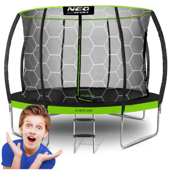 Neo-Sport NS-12C221 dārza batuts 374 cm ar iekšējo tīklu un kāpnēm, melns/zaļš
