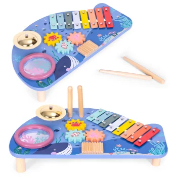 Ecotoys koka muzikālais galdiņš ar instrumentiem, vaļa motīvs