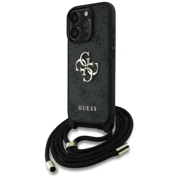 Guess 4G Big Logo Cord Strap Crossbody vāciņš priekš iPhone 16 Pro Max, melns