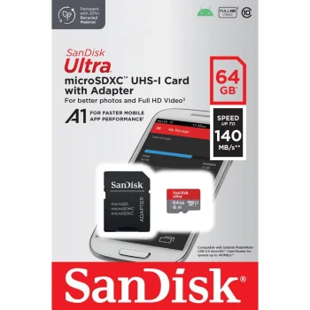 SanDisk Ultra microSDXC 64GB 140 MB/s A1 Class 10 UHS-I atmiņas karte ar adapteri