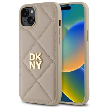 DKNY Quilted Stack Logo vāciņš iPhone 15 Plus tālrunim, bēšs
