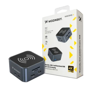 Wozinsky WHBC09Y8S 12-in-1 USB-C centrmezgls ar 15W bezvadu uzlādi, HDMI 4K 60Hz, pelēks