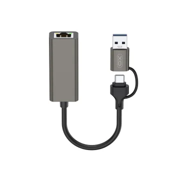 XO HUB018 2-in-1 USB-A / USB-C uz RJ45 tīkla adapteris, pelēks