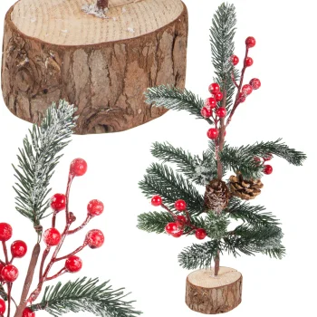 Ziemassvētku galda dekorācija eglīte uz koka pamatnes, 30 cm