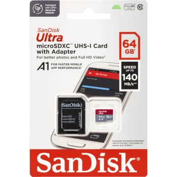 SanDisk Ultra microSDXC atmiņas karte 64GB 140MB/s A1 U1 ar adapteri (SDSQUAB-064G-GN6MA)