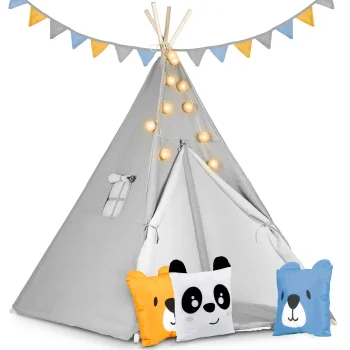 Nukido bērnu telts Tipi ar lampiņām, pelēka