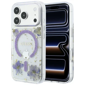 Guess Resin Flowers Glitter MagSafe vāciņš iPhone 18 Pro Max / 17 Pro Max, violets