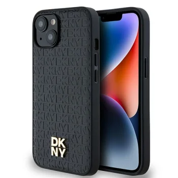 DKNY iPhone 15 / 14 / 13 vāciņš Leather Monogram Metal Logo MagSafe, melns