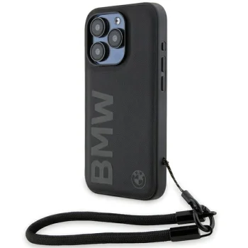 BMW Signature Leather Wordmark Cord vāciņš priekš iPhone 15 Pro, melns
