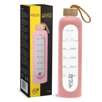 4FIZJO stikla ūdens pudele 1 L ar silikona apvalku, rozā