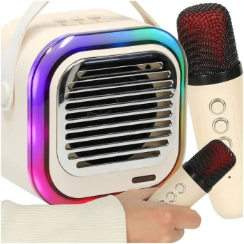 Karaoke komplekts ar skaļruni un 2 mikrofoniem, Bluetooth USB LED 10W, krēmkrāsas