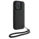 BMW Signature Leather Wordmark Cord vāciņš iPhone 16 Pro ar rokas siksniņu, melns