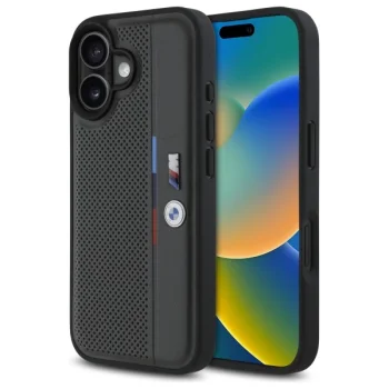 BMW M Perforated Tricolor Detail Line iPhone 16 vāciņš, tumši pelēks