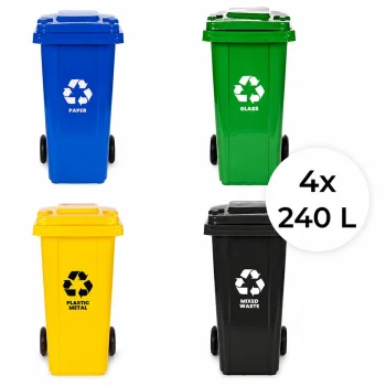 4 Atkritumu Tvertņu Komplekts 4x240L Zils Zaļš Dzeltens Melns