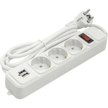Pagarinātājs 1.8m, 3 ligzdas + 2 USB, ar slēdzi, balts