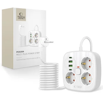 Tech-Protect PCS3X4 pagarinātājs, 3 ligzdas, 2xUSB-A, 2xUSB-C 200 cm, balts