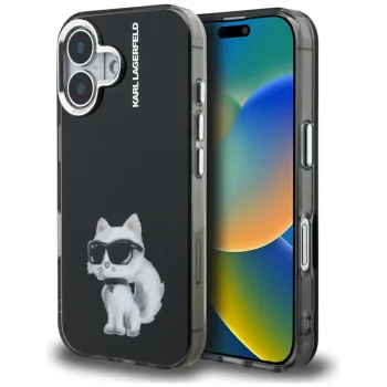 Karl Lagerfeld IML Aquarelle Choupette & Logo iPhone 16 vāciņš, melns