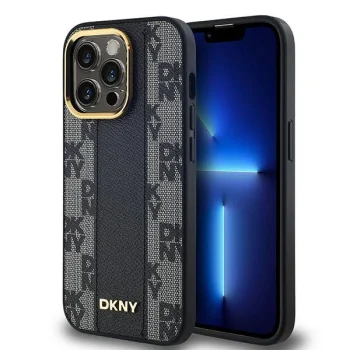 DKNY iPhone 14 Pro Max vāciņš Leather Checkered Mono Pattern MagSafe, melns