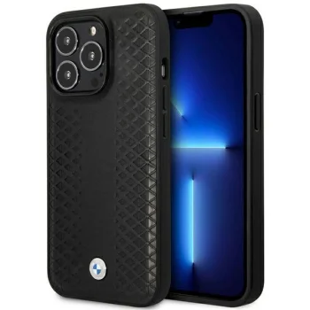 BMW Leather Diamond Pattern MagSafe vāciņš iPhone 14 Pro, melns