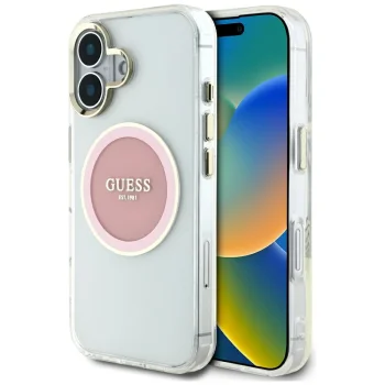 Guess IML Metal Colored Circle Classic Logo MagSafe vāciņš iPhone 16, rozā