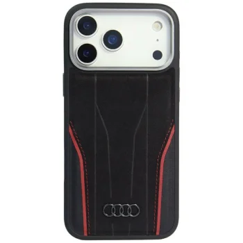 Audi R8 Genuine Leather MagSafe vāciņš iPhone 17 Pro Max, melns ar sarkanu