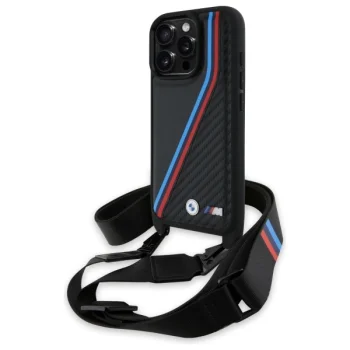 BMW M Edition Carbon Tricolor Lines vāciņš ar siksniņu priekš iPhone 16 Pro Max, melns