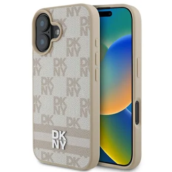 DKNY iPhone 16 vāciņš Checkered Mono Pattern & Printed Stripes, rozā