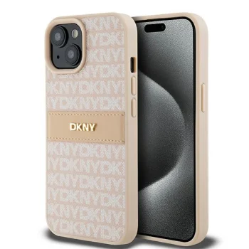 DKNY iPhone 15 Plus / 14 Plus vāciņš Mono Stripe & Metal Logo, rozā