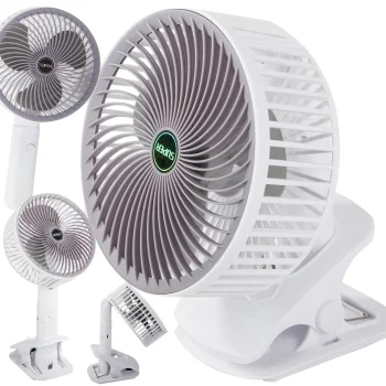 Bezvadu saliekams galda ventilators ar klipsi, balts