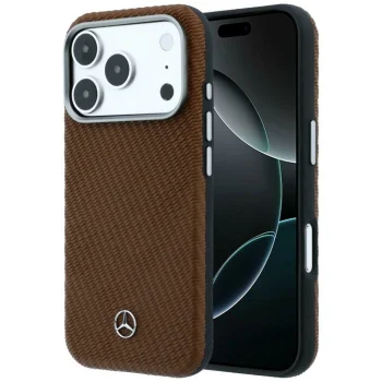 Mercedes Leather Semi Wrap Wood Effect MagSafe vāciņš iPhone 17 Pro Max brūns