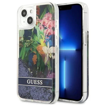 Guess Flower Liquid Glitter vāciņš iPhone 13 mini, zils