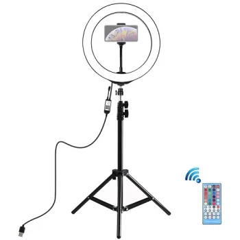 LED gredzenveida lampa 26 cm ar statīvu līdz 1.1 m un tālruņa turētāju, USB