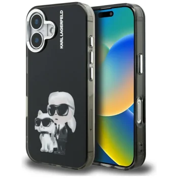 Karl Lagerfeld IML Aquarelle Karl & Choupette & Logo iPhone 16 vāciņš, melns