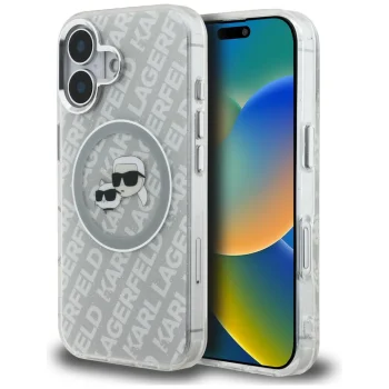 Karl Lagerfeld IML Glitter Karl & Choupette Heads MagSafe vāciņš iPhone 16, pelēks