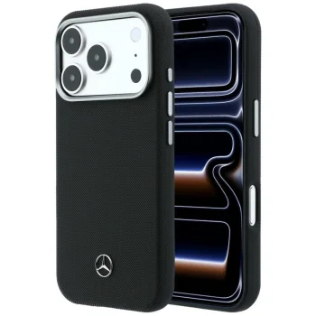 Mercedes Leather Semi Wrap Grill Pattern MagSafe vāciņš iPhone 17 Pro, melns
