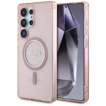 Guess Glitter Circle Classic Logo MagSafe vāciņš priekš Samsung Galaxy S25 Ultra, rozā