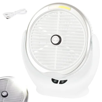Bezvadu galda ventilators ar LED gaismu un akumulatoru, balts/sudraba