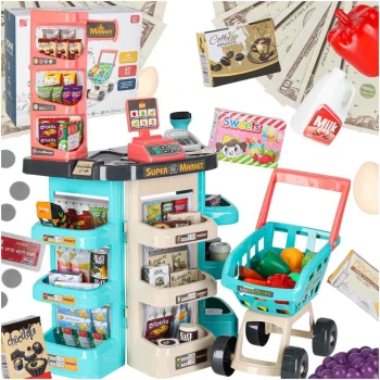 Bērnu Rotaļu Lielveikala Kases Aparāts + Pārtikas Grozs Iepirkšanās Ratiņi | Kids Toy Supermarket Shop Cash...